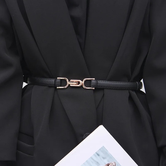 2/$30 Thin Black Belt Gold Clasp Buckle PU Leather Adjustable Dress Coat OS - Picture 1 of 6